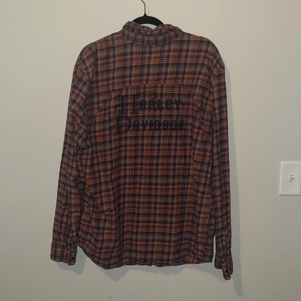 Harley Davidson Plaid Snap Button 100% Cotton Womens 2XL EUC Flannel Logo Biker - Picture 9 of 12